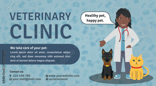 Veterinary Clinic Advertisement Template - Logotype, Illustrations of Black Woman Doctor, Doberman Dog and Orange Cat on Veterinary Background. Blue Layout.