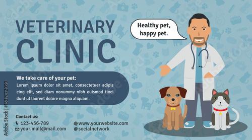 Veterinary Clinic Advertisement Template - Logotype, Illustrations of Brown Man Doctor, Brown Dog and Street Cat on Veterinary Background. Blue Layout.