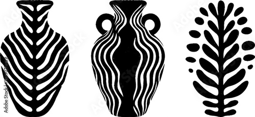 Set of stylized amphora designs with laurel border for decorative art and design concepts