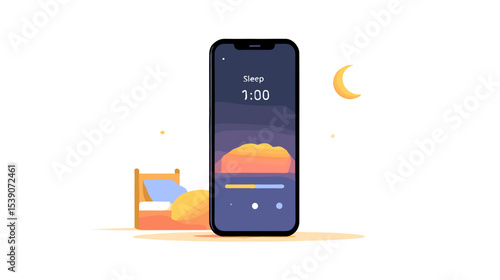 Sleep tracking app with moon and bed icon on white background promoting rest healthy lifestyle