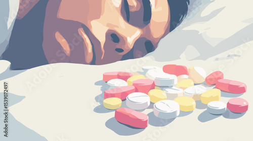 Man sleeping next to scattered pills on white pillow showing struggle with insomnia healthy lifestyle