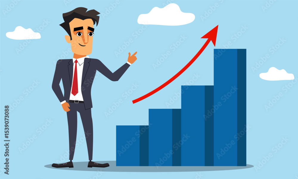Cartoon Businessman with graph showing growth or profit of a business, financial success growth chart graphic element Cartoon Businessman with graph showing growth or profit of a business, financial success growth chart graphic element