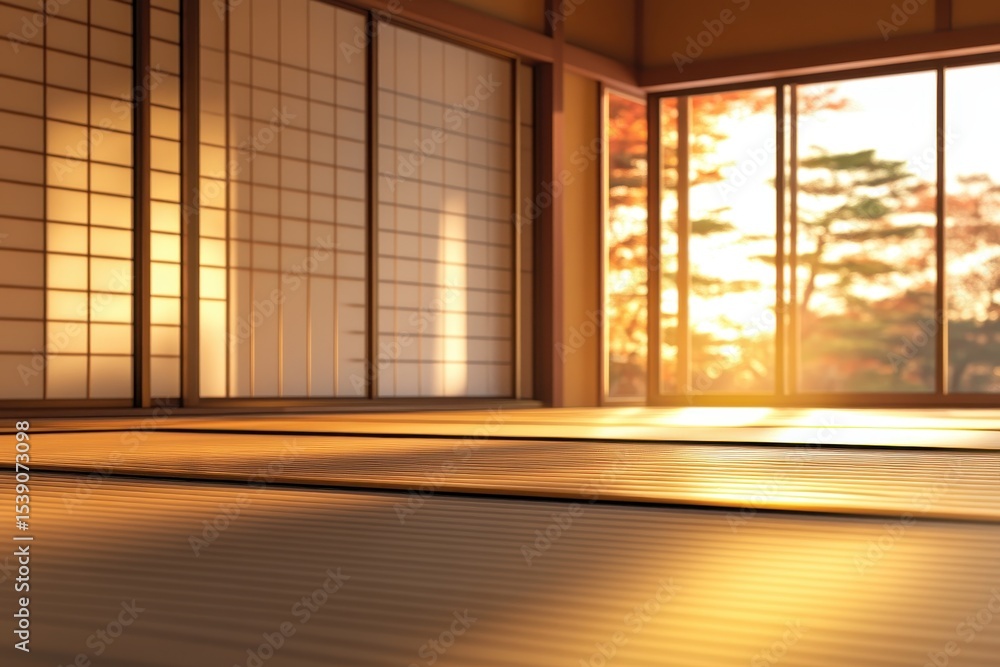 Fototapeta premium Traditional Japanese tatami room with shoji screens illuminated by sunset glow, Traditional Japanese tatami room with shoji screens, background