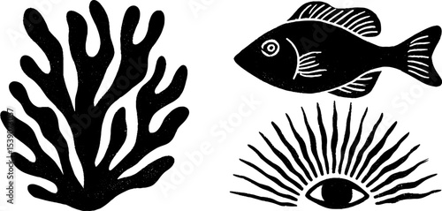 Underwater creatures and plants silhouettes in abstract style for marine design