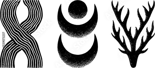 Artemis symbol set featuring moon crescent, bow, and stag antlers for mythology-themed designs