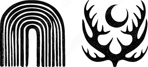 Mythical artemis symbols: bow, moon crescent, and stag antlers for design and decoration