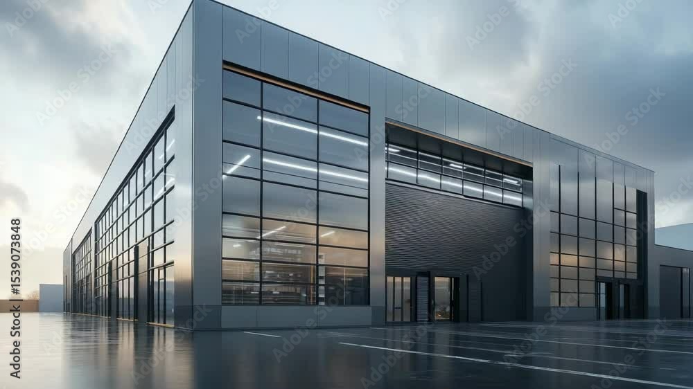 Modern industrial building featuring metal doors, glass windows, and attached office space, ideal for logistics or storage visuals Modern industrial building featuring metal doors, glass windows, and attached office space, ideal for logistics or storage visuals