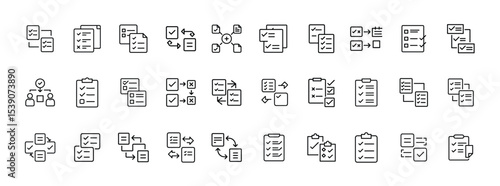 Set of Task List and File Management Icons – Collection of Document, Checklist, and Workflow Line Art Symbols