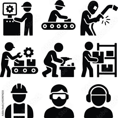 Black pictogram icons of factory workers operating machines, welding, assembling, packing, and wearing PPE.