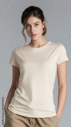 Young woman in beige t-shir...