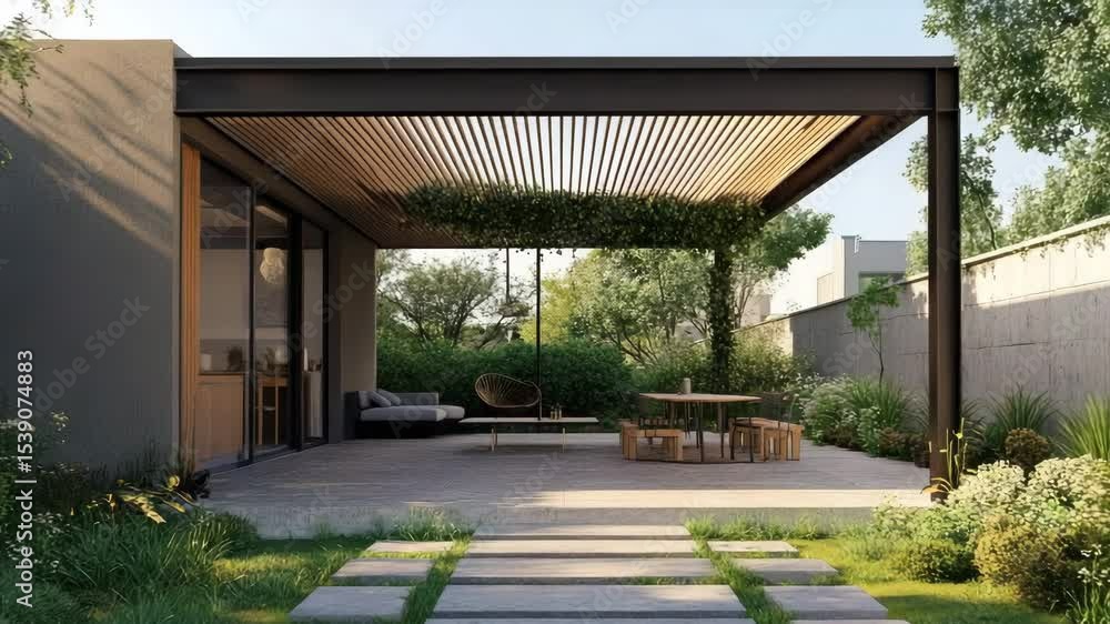 Modern pergola offering shade at the terrace entrance of a new residential building