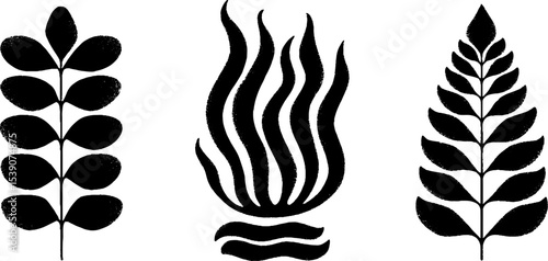 Stylized plant designs with burning leaves and wispy smoke for creative decoration