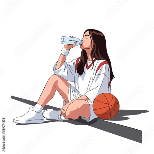 Pixel Art Young Athlete Drinking Water After Basketball Game Illustration