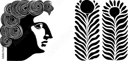 Classical greek art: apollo bust and ornamental entablature elements for design