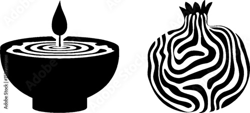 Candle in ceramic bowl and artistic pomegranate design for home decor