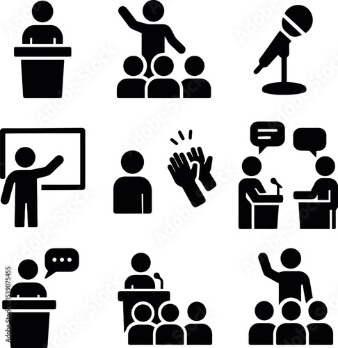 Silhouette icons of people giving speeches, debating, clapping, and presenting with slides.