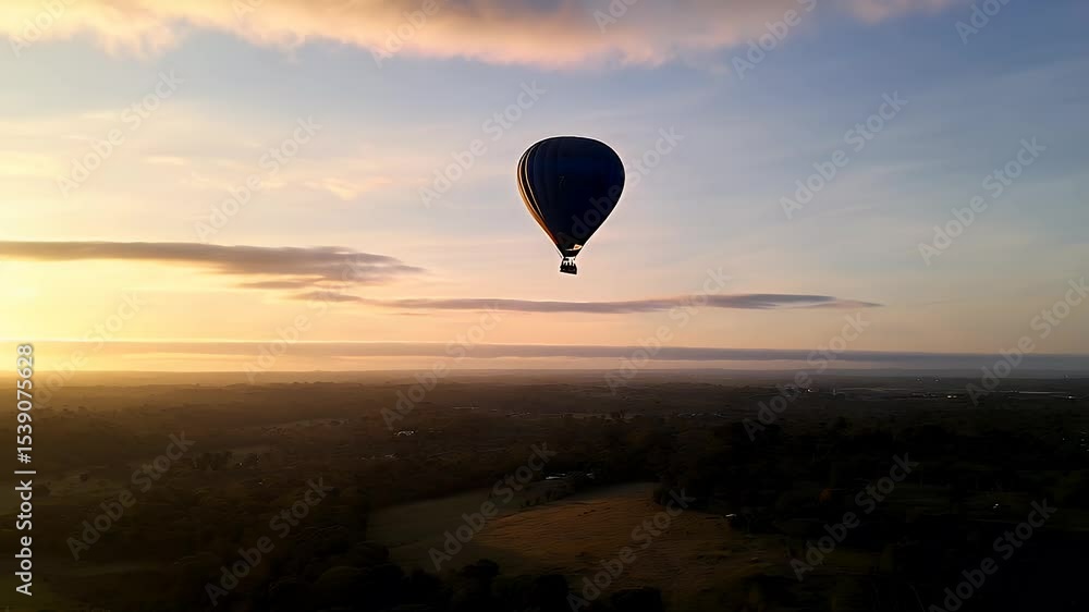 Hot air balloon at sunrise over a landscape Hot air balloon at sunrise over a landscape