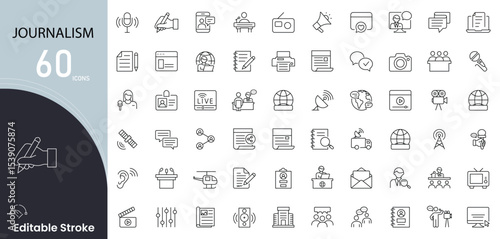 Journalism related icon collections. Containing newspaper, reporter, news, microphone, press, interview, camera, article, media, broadcast icons. Editable Stroke.