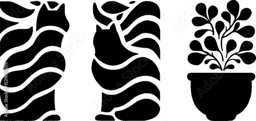 Minimalist cat and window silhouettes with flowerpot design for home decor