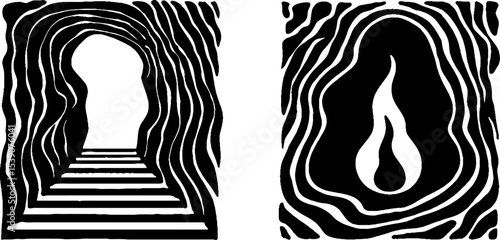 Abstract cave arch and torch flame in sandstone design