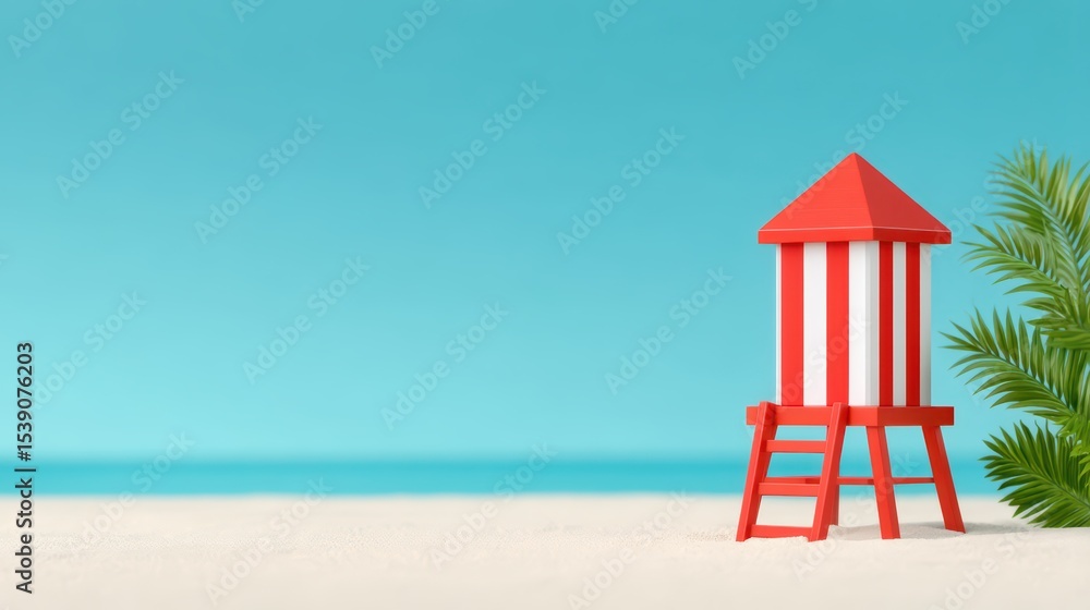 Bright Beach Lifeguard Tower Near Tranquil Ocean and Lush Palm Leaves Under Clear Blue Sky Bright Beach Lifeguard Tower Near Tranquil Ocean and Lush Palm Leaves Under Clear Blue Sky
