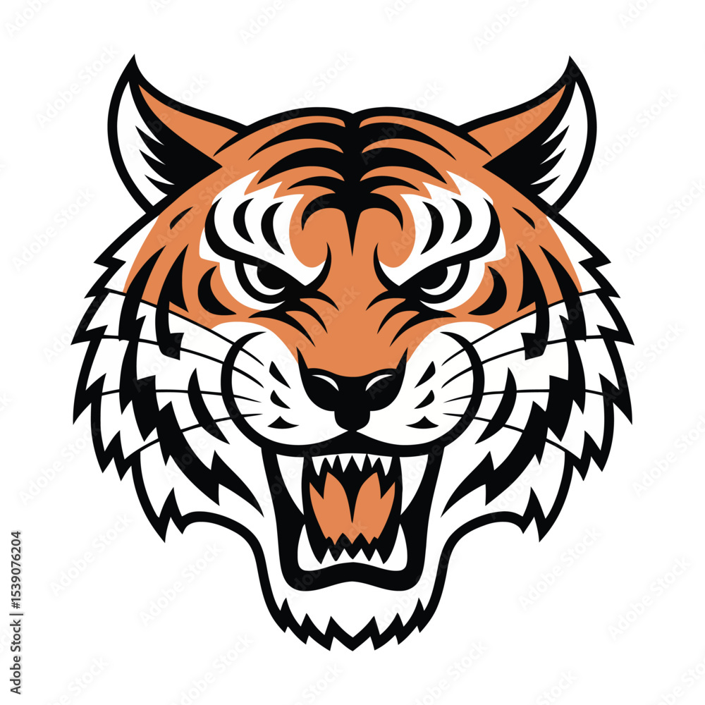 Ferocious red stylized tiger head with symmetrical black and white tribal pattern design Ferocious red stylized tiger head with symmetrical black and white tribal pattern design