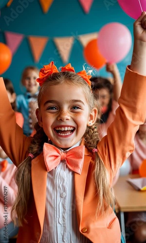 Children celebrate in classroom with balloons and bright smiles during a festive event
