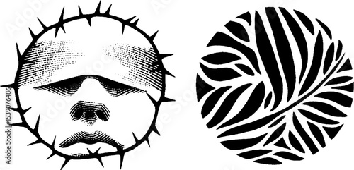 Surreal illustration featuring clock motif with blindfold and thorn elements for creative designs