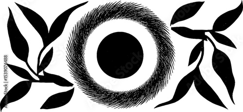 Surreal conceptual design with clock hand, blindfold, and thorn elements