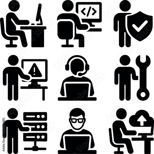 Black pictogram icons of IT professionals coding, supporting, managing servers and security tasks.