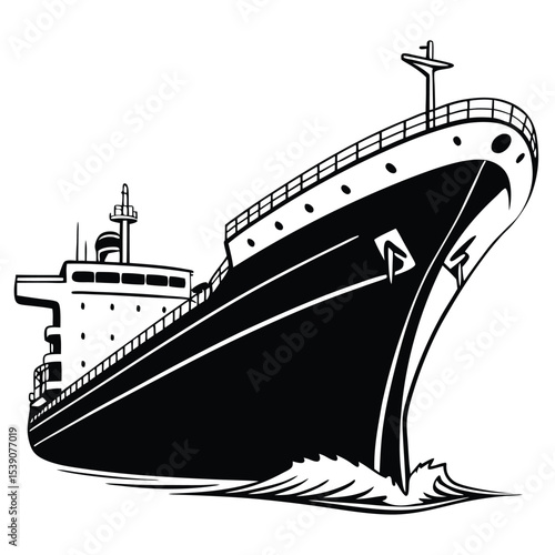 Monochromatic Illustration of a Large Cargo Ship Sailing on Water with a Striking Bow and Detailed Superstructure