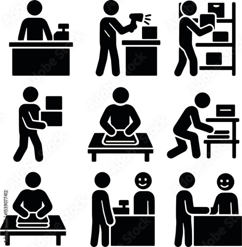 Icons showing retail work: folding clothes, restocking, scanning and helping customers.