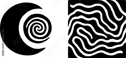 Abstract black and white design with crescent moon spiral and wavy line patterns