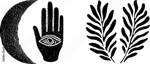 Mystical elements with crescent moon, enchanted hand, and cosmic leaves design for celestial themes