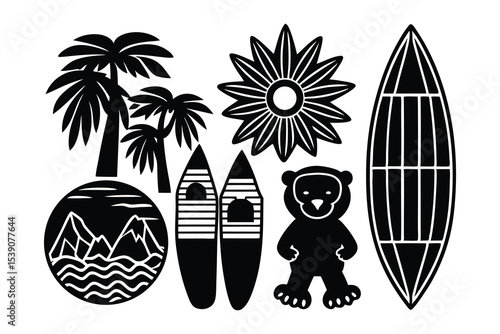 Six Piece Black Silhouette California Vector Set Palm Trees Surfboards Monkey Sun