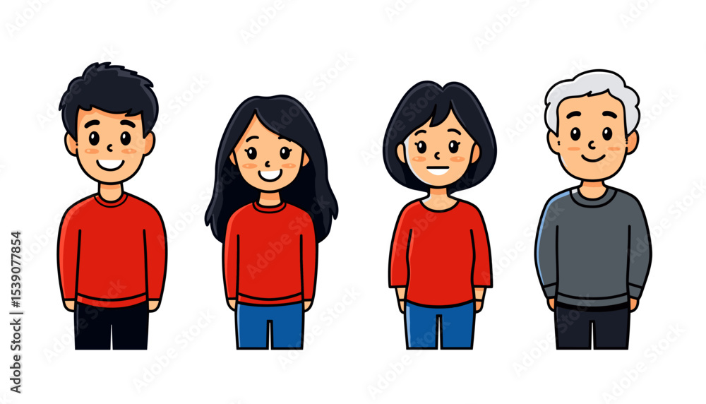 Naklejka premium Diversity in Unity: Illustration of people of different ages and appearances, standing together with smiles. This illustration encapsulates the warmth of humanity in togetherness.