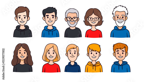 Diverse Faces: A cheerful display of animated character portraits, capturing the essence of individuality across a spectrum of ages and expressions, creating a sense of community and inclusion.