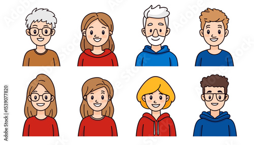 Diverse Portraits: A collection of animated portraits, each depicting a unique individual, exuding warmth and personality through their distinct features, representing a spectrum of ages, styles.