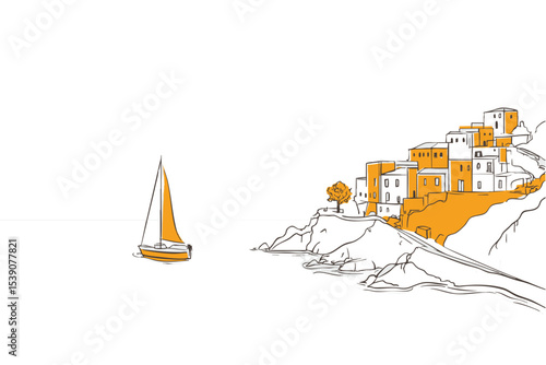 minimalist line drawing of Italian Amalfi coast. Summer travel illustration