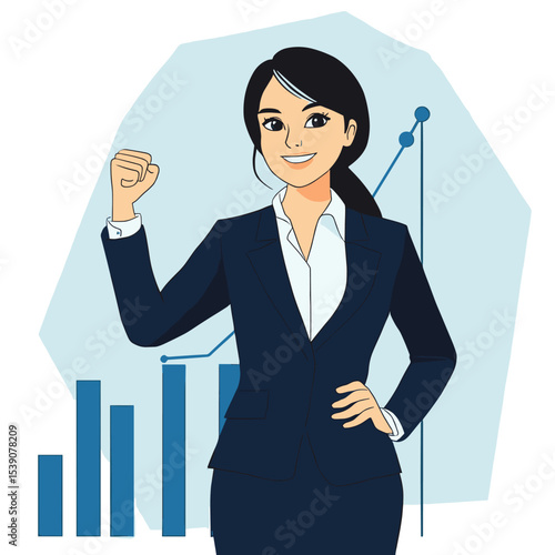 Determined Businesswoman: A dynamic female executive, radiating confidence and drive, poses assertively with a determined fist, symbolizing her unwavering focus on business growth.