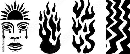 Surreal art set with dripping mask, flame swirl, and zigzag patterns for creative design