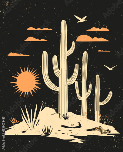 Desert Cactus Landscape: A stylized desert scene presents towering cacti silhouetted against a backdrop of the night sky, featuring the sun, clouds, and birds in a minimalist aesthetic.