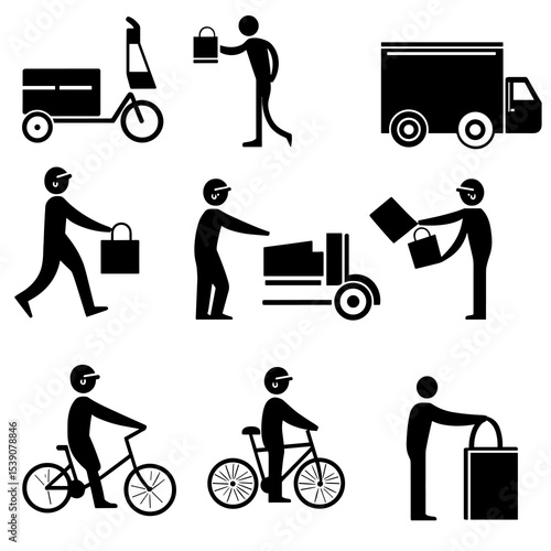 Delivery and Transportation Icons: A collection of minimalistic, clean icons illustrating various modes of delivery and transportation services, perfect for conveying efficiency and modern commerce.