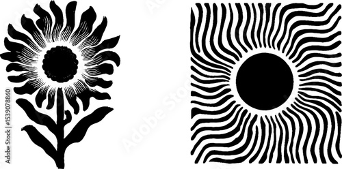 Minimalist black flower and sun designs for creative projects