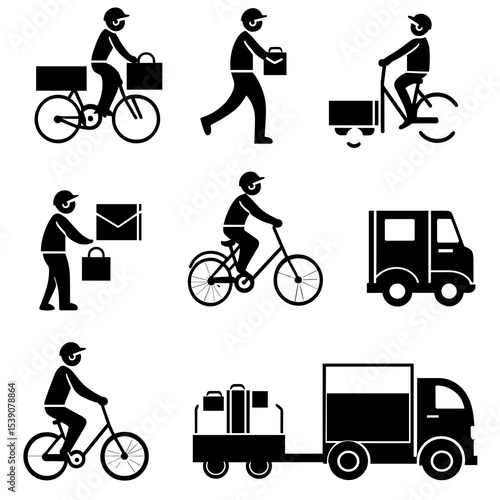 Delivery Service Icons: Collection of icons representing various methods of delivery, from bicycle messengers to delivery trucks, symbolizing efficient and reliable transport solutions.