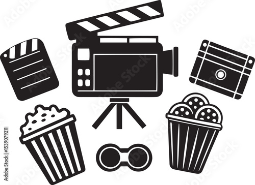 Classic Movie Equipment and Theater Snacks Vector Set