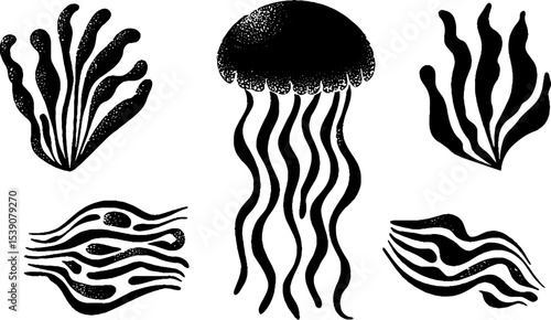 Glowing jellyfish dome with abstract plankton on black and white art