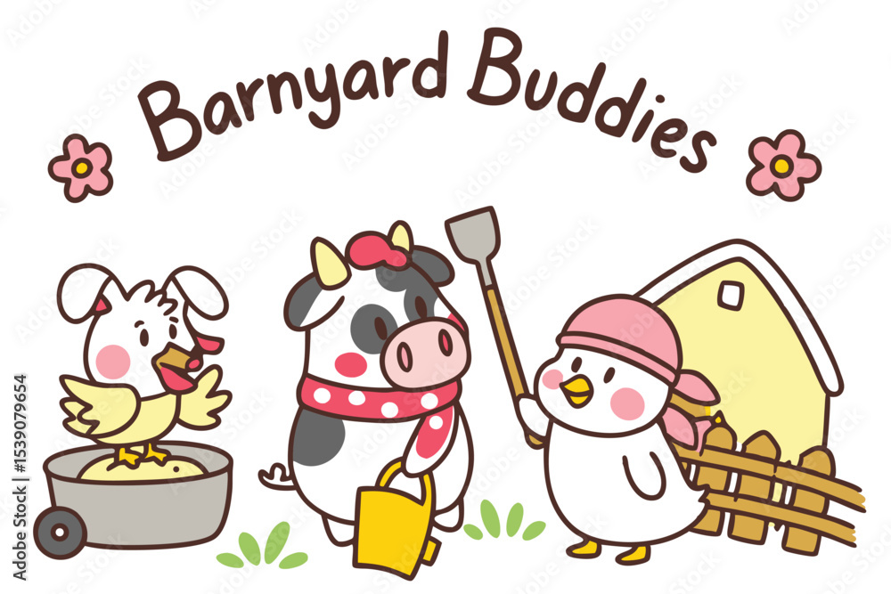 Naklejka premium Cute doodle farm animals cow pig and chicken friends