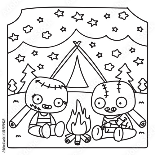 Spooky Summer – Cute and Easy Coloring Pages for All Ages | Fun Halloween-Inspired Summer Scenes | Line art vector illustration Print | Summer Coloring Page | Cute Scary Coloring page