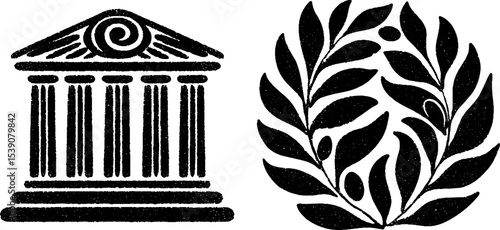 Ancient greek symbols featuring temple and olive garland design